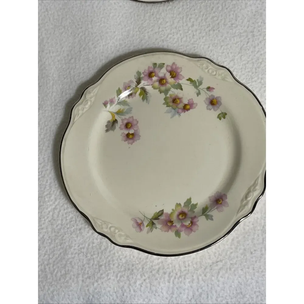 Homer Laughlin VIRGINIA ROSE Porcelain Floral Platinum Trim Bread Plates X4